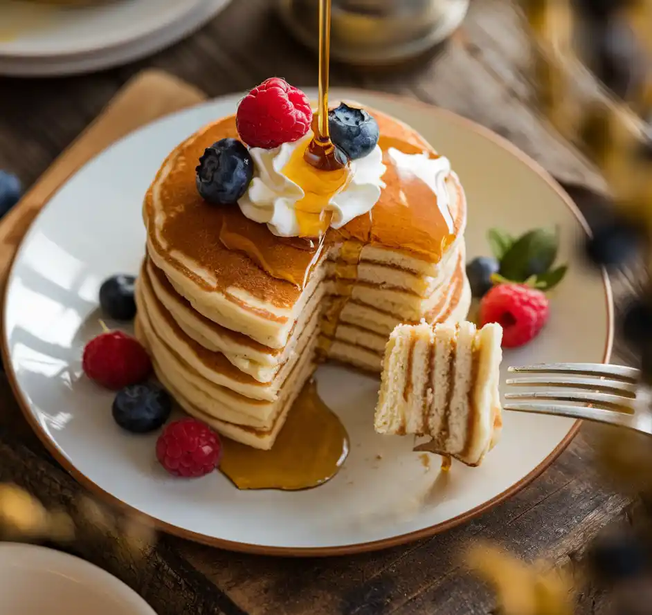 Fluffy keto hotcakes drizzled with syrup and topped with fresh berries and whipped cream.