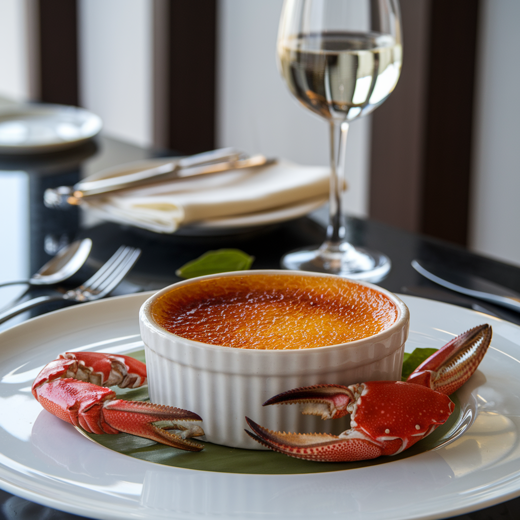 Close-up of a luxurious crab brulee with a golden caramelized sugar topping, fresh crab meat, and elegant plating, ideal for fine dining.