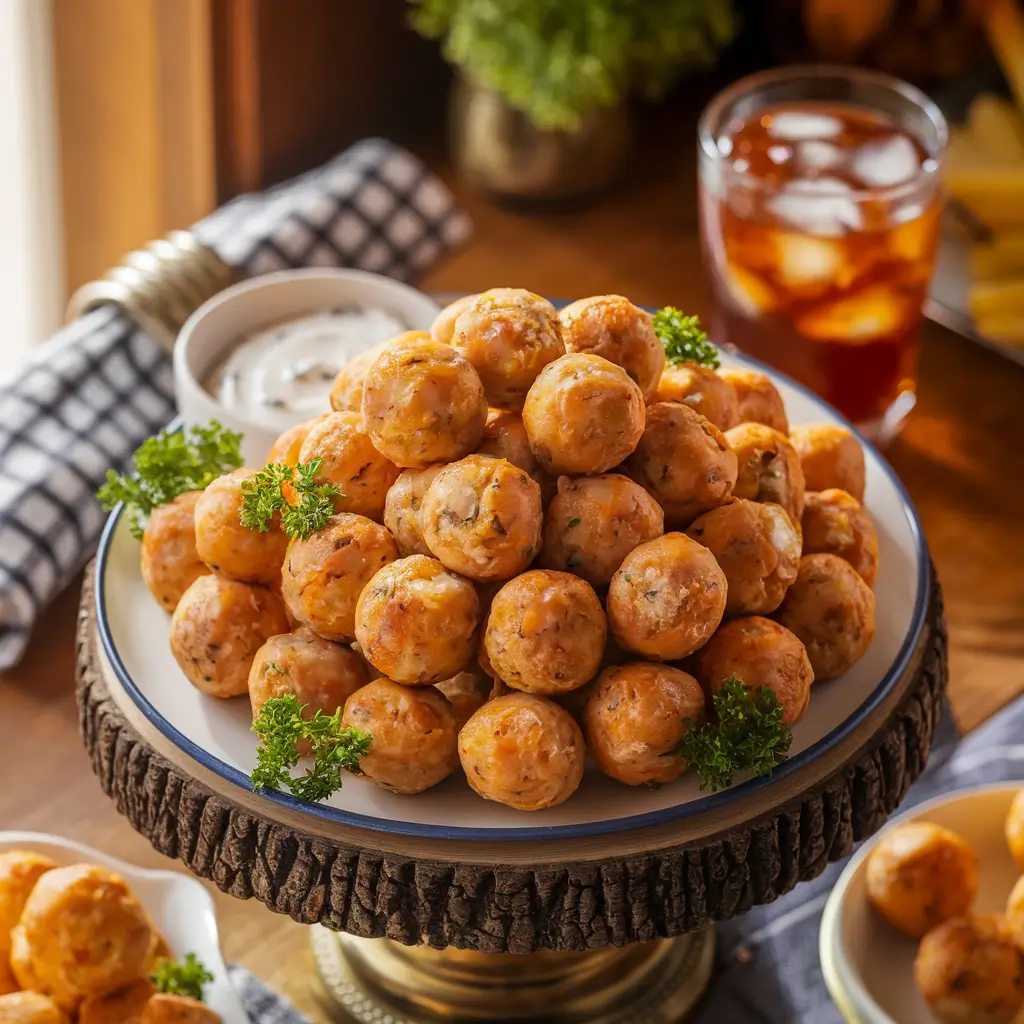 A serving tray with golden-brown Rotel Cream Cheese Sausage Balls garnished with parsley and a side of ranch dip.