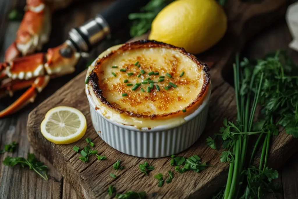 Close-up of a freshly prepared crab brulee in a ramekin with a caramelized sugar crust, garnished with chives and a lemon slice on a wooden board