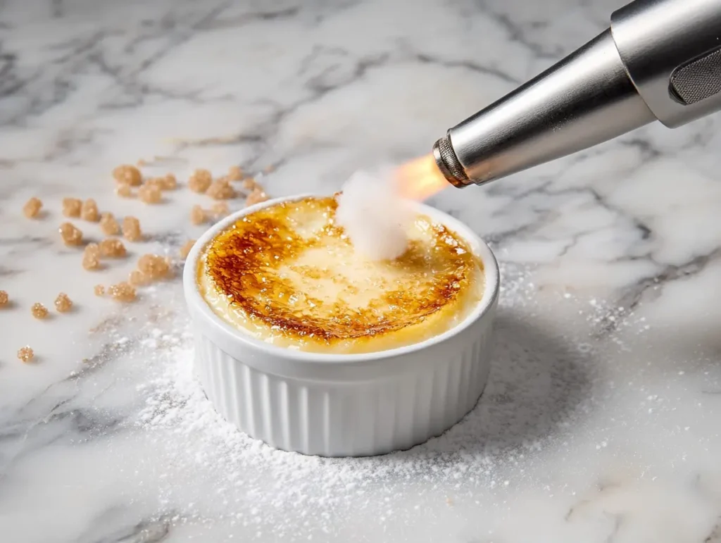 Blowtorch caramelizing sugar on a crab brulee ramekin, with bubbling golden crust and steam rising on a marble countertop.