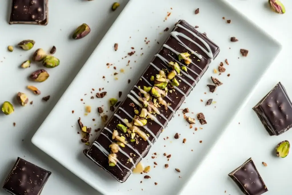 Close-up of a glossy Dubai chocolate bar drizzled with white chocolate and topped with crushed pistachios, placed on a sleek white plate with scattered nuts and pastry crumbs.