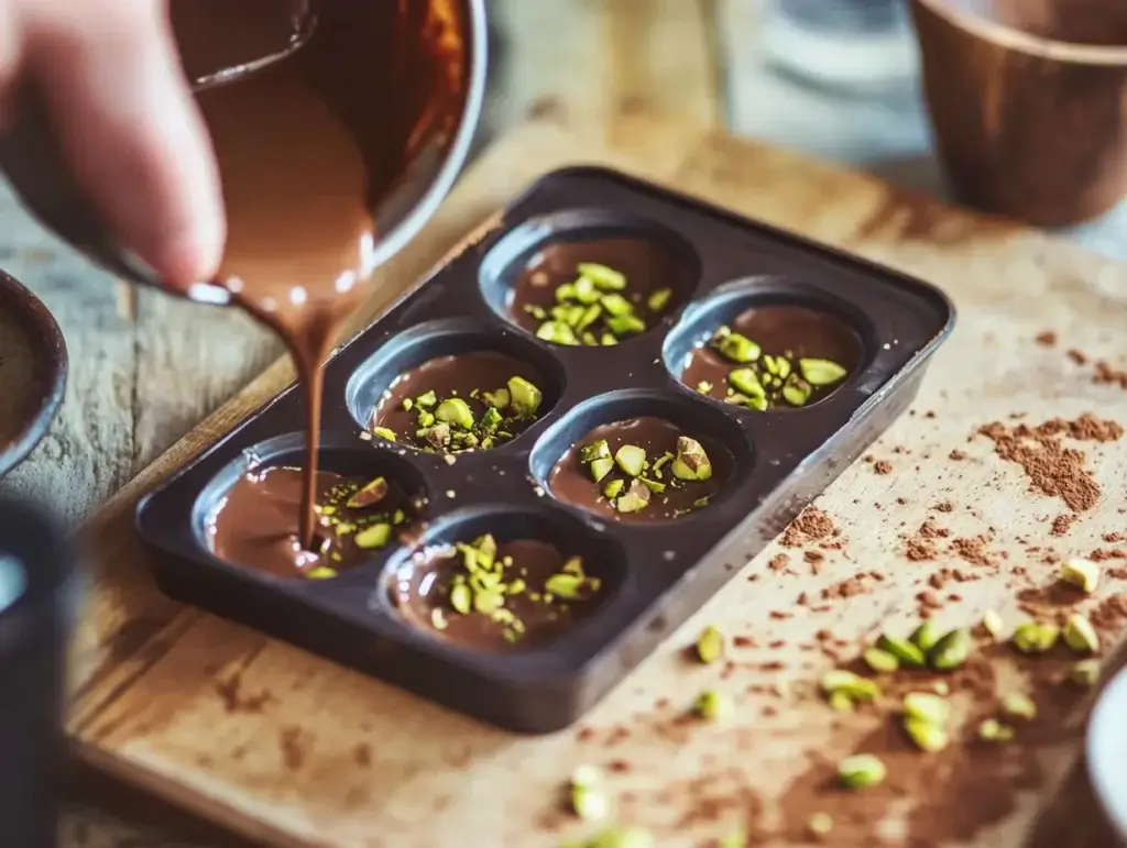 A close-up of a hand pouring melted chocolate into a silicone mold layered with crispy kataifi pastry and vibrant green pistachio-tahini filling.