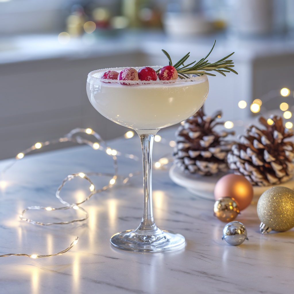 Ingredients for a Christmas Cosmopolitan, including vodka, Cointreau, fresh limes, white cranberry juice, and a cocktail shaker on a wooden board.