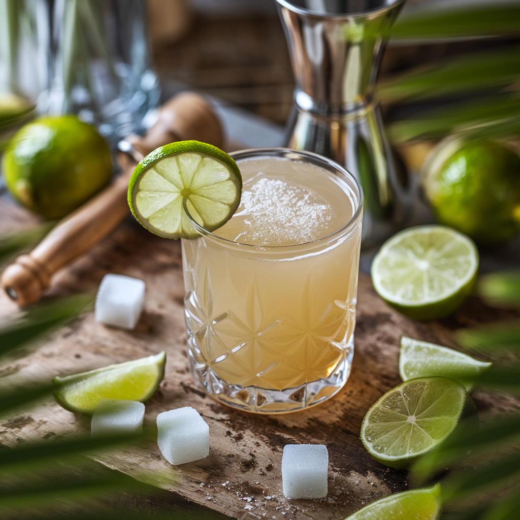 A traditional Caipirinha cocktail in an old-fashioned glass, garnished with a lime wheel, surrounded by fresh lime wedges and sugar on a rustic wooden table.