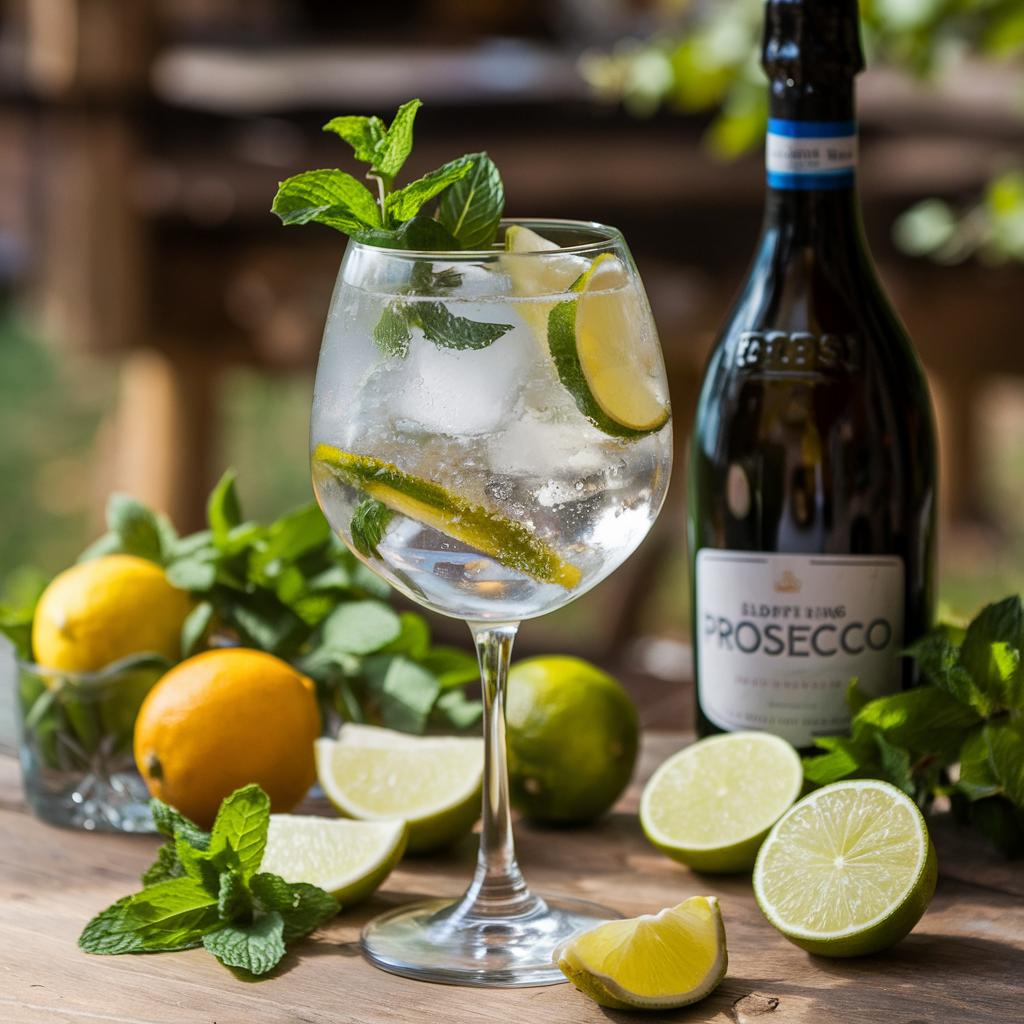 A close-up view of a Hugo Spritz cocktail in a wine glass, garnished with fresh mint and lime slices, surrounded by prosecco and lime wedges on a rustic table.