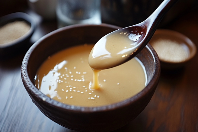 A spoon lifting creamy almond sauce from a bowl with sesame seeds and water in the background.