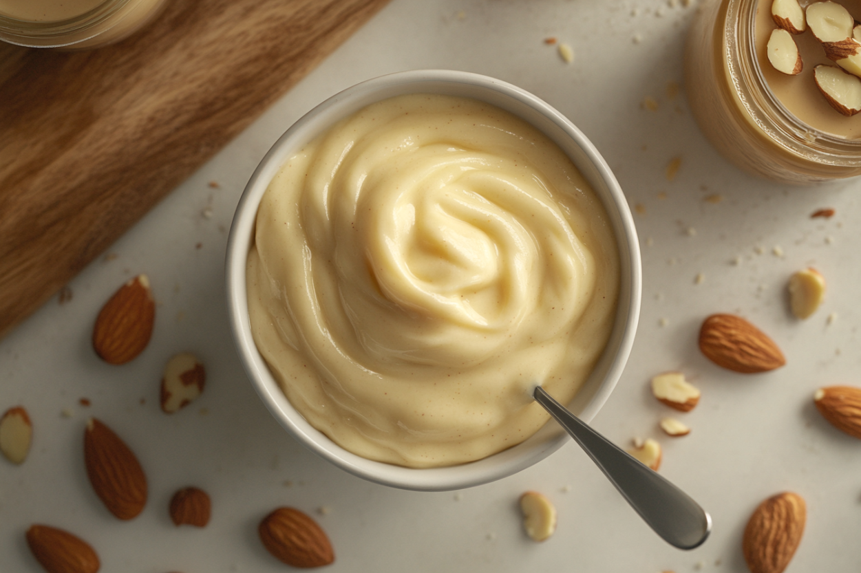 Homemade almond sauce in a bowl with whole almonds and almond butter jars