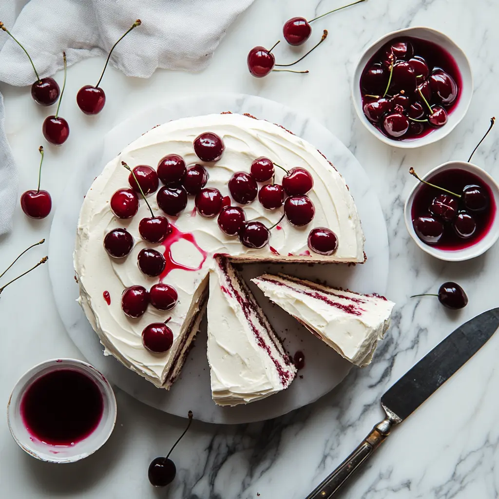 A beautifully styled Amarena cherry layered cake with whipped cream frosting, topped with cherries and cherry syrup.