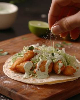 A taco being assembled with crispy fish nuggets, cabbage, and cilantro dressing, topped with lime juice.