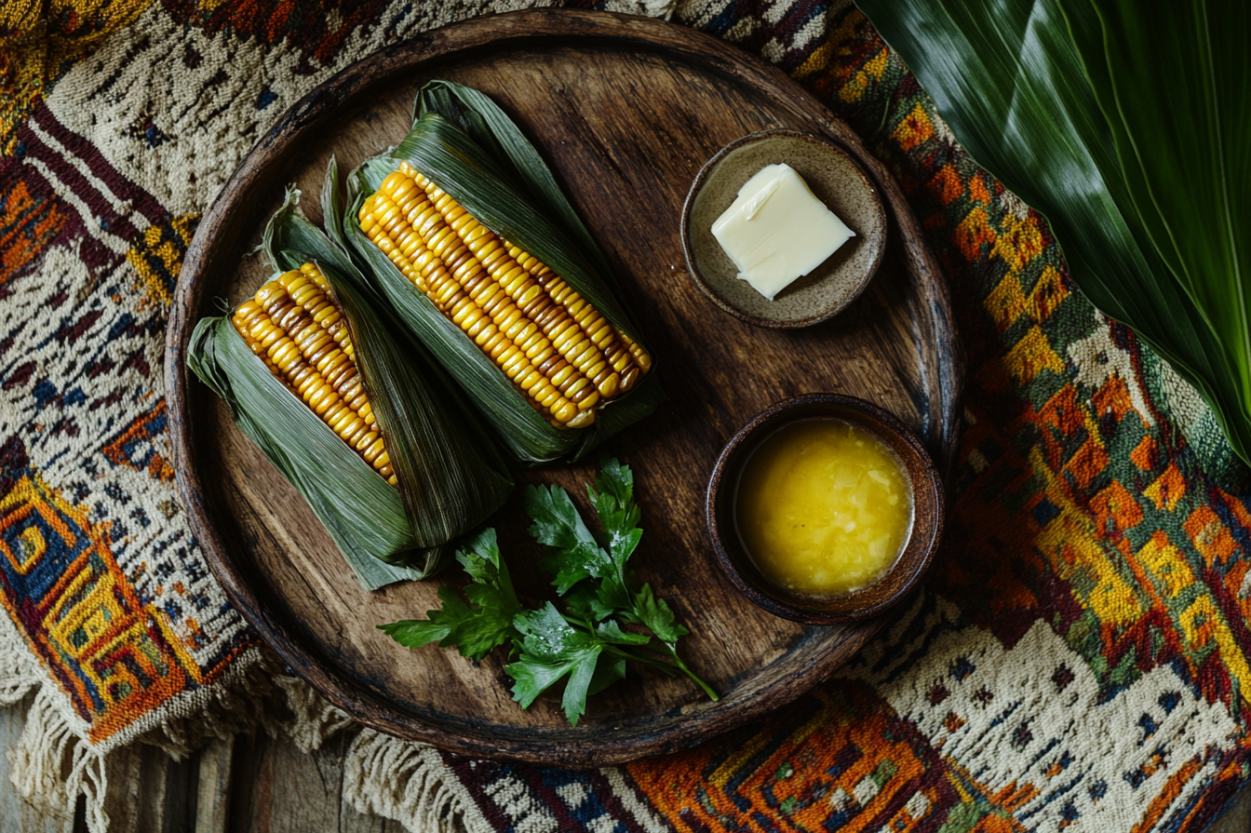 Steamed Bollos de Maíz Nuevo wrapped in banana leaves, served on a wooden platter with melted butter and fresh parsley.