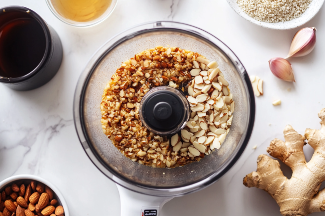 A food processor blending chopped almonds and soy sauce mixture with fresh ginger and garlic on the side.