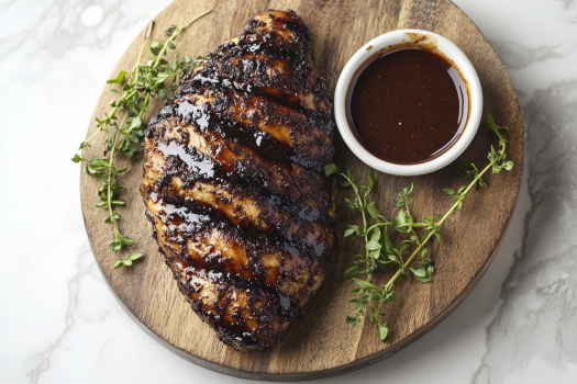 Carob-dipped chicken served on a rustic wooden board, garnished with fresh herbs, showcasing the glossy carob coating.