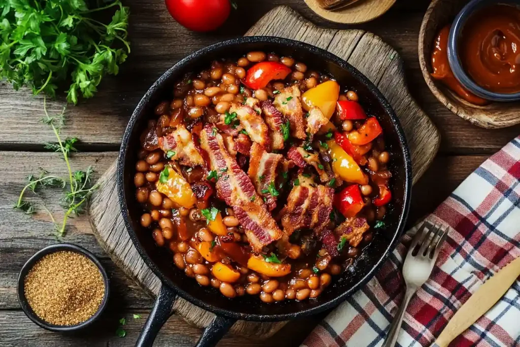 Overhead shot of baked beans in a skillet, topped with crispy bacon, caramelized onions, and bell peppers, surrounded by fresh ingredients.