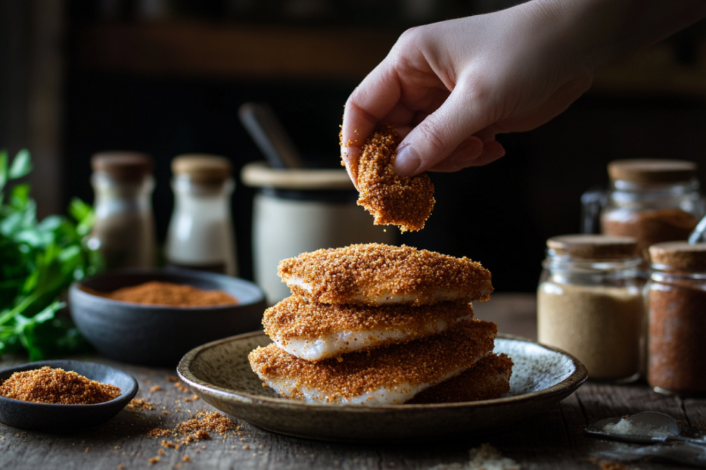 A hand coating a fish fillet with Hillbilly Fish Fry Seasoning mix, with a stack of seasoned fillets nearby.