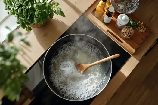 A pot of boiling water with pasta being stirred using a wooden spoon.