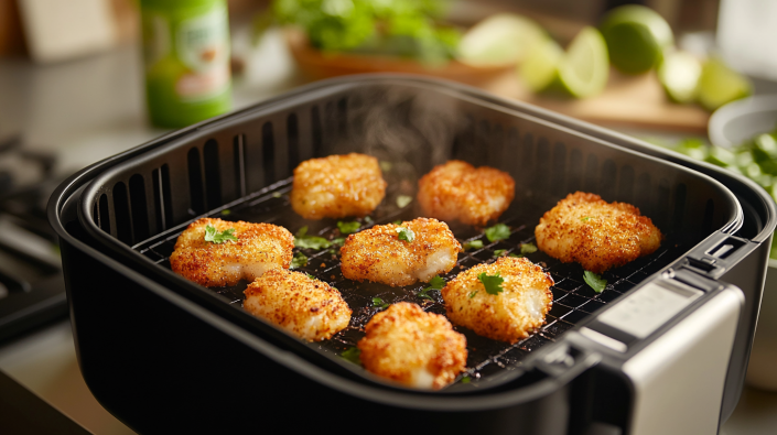 Trader Joe’s battered fish nuggets cooking in an air fryer with a golden-brown crust.