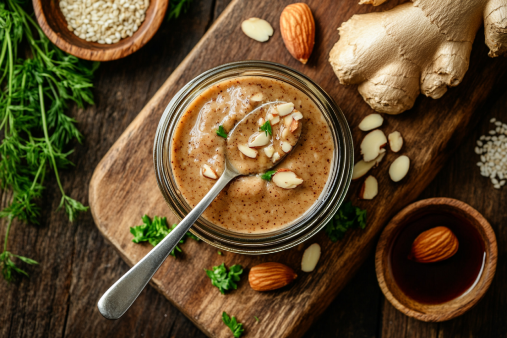 A jar of creamy chopped almonds and Asian sauce surrounded by ingredients like roasted almonds, ginger, and sesame seeds on a wooden board.