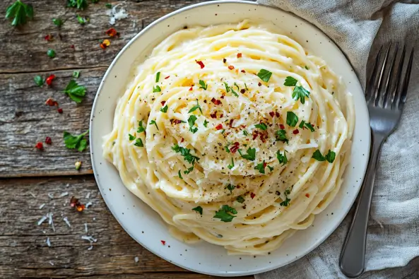 Creamy rotisserie chicken pasta garnished with parsley and Parmesan in a white bowl on a rustic table.