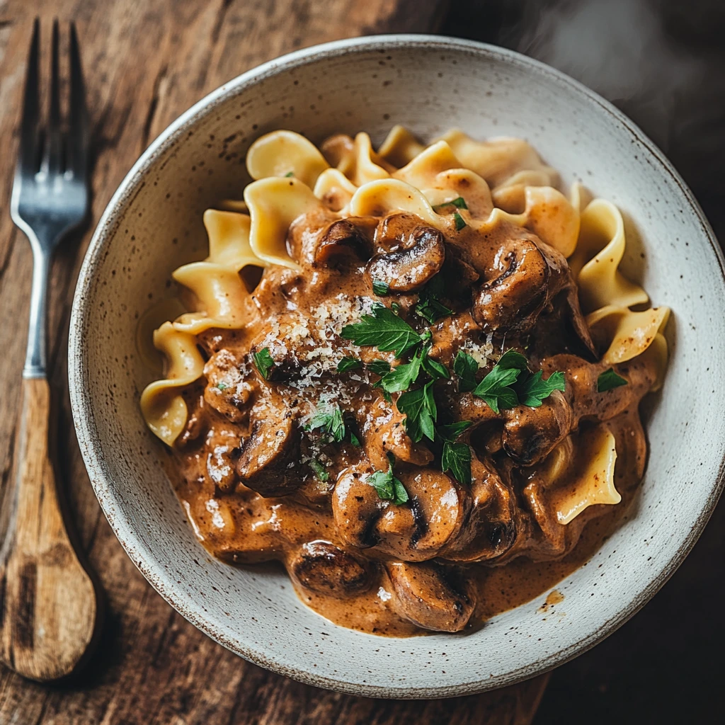 A bowl of creamy vegetarian beef stroganoff with mushrooms and egg noodles, garnished with parsley, set on a rustic wooden table.