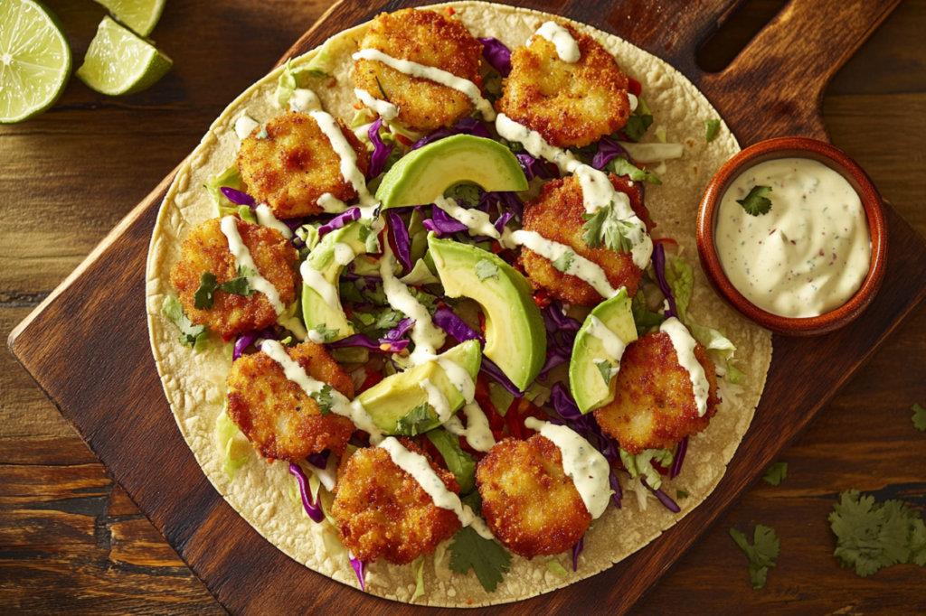 Crispy Baja fish tacos topped with shredded cabbage, cilantro dressing, and lime wedges, placed on a rustic wooden platter.