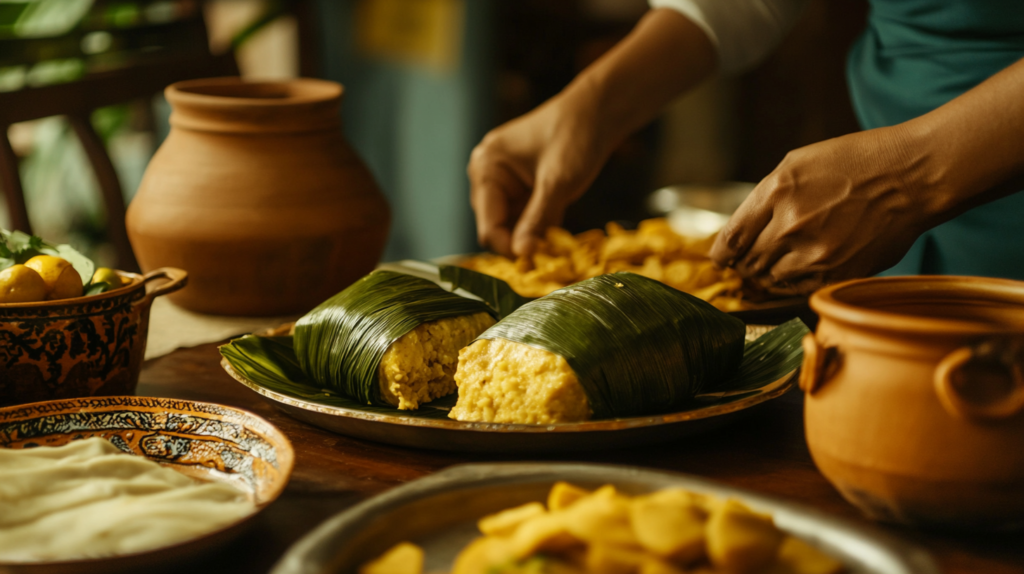 Family table featuring Bollos de Maíz Nuevo, sancocho, and plantains, evoking Latin American traditions.