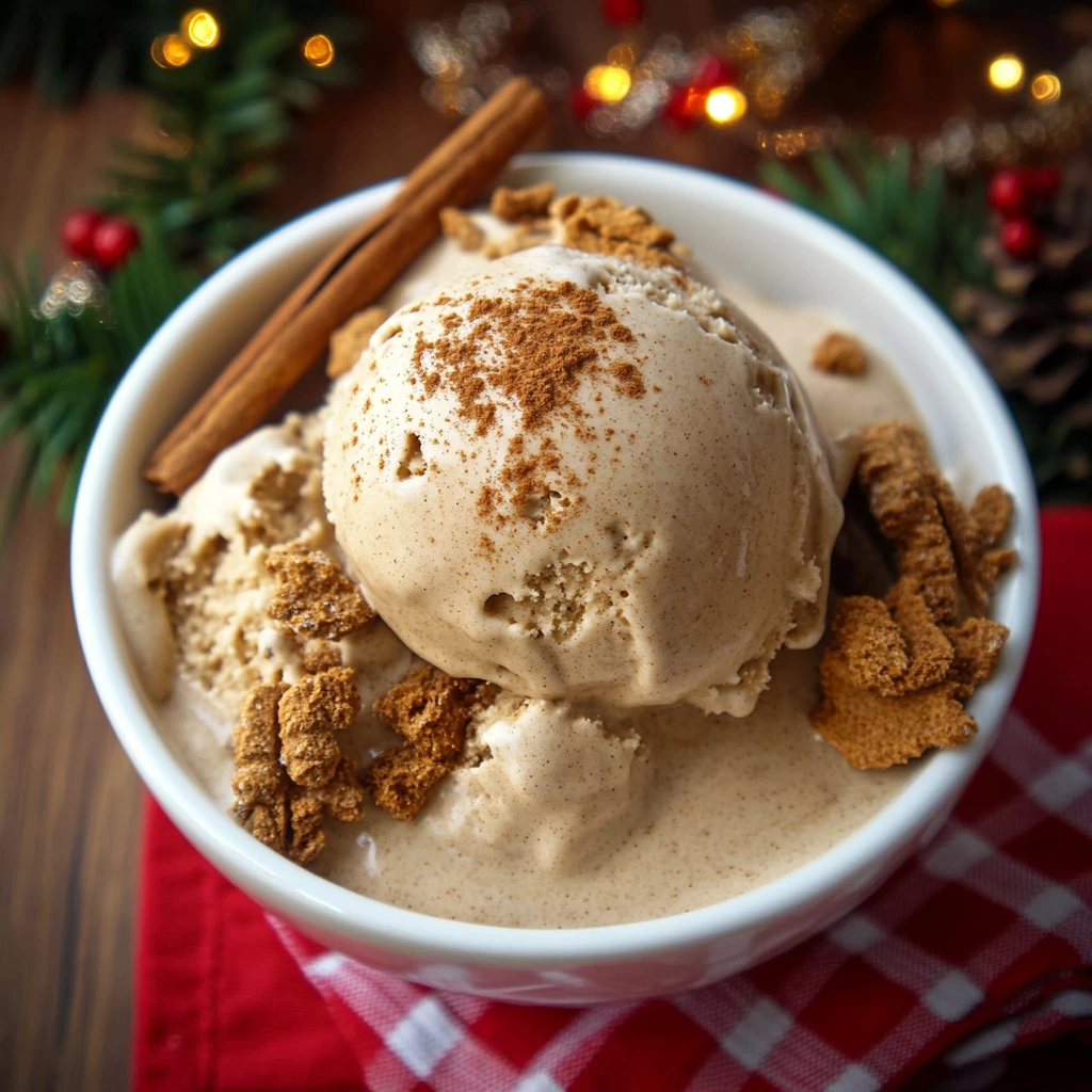 Homemade gingerbread ice cream with ginger snap cookie topping in a festive holiday setting