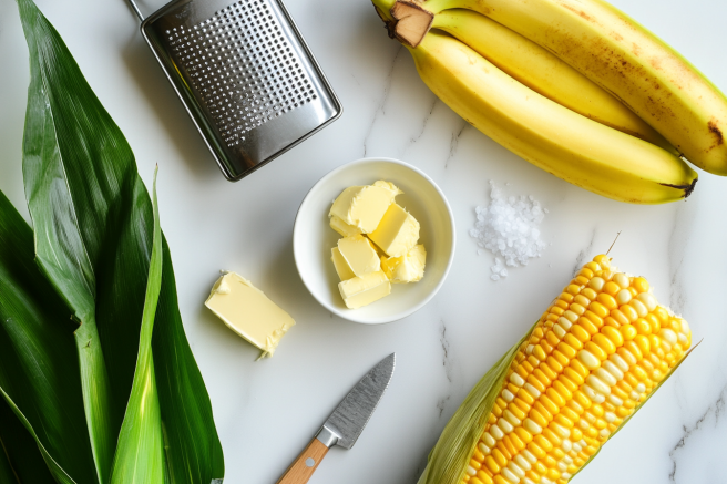 Fresh ingredients for Bollos de Maíz Nuevo, including corn, banana leaves, butter, and salt, arranged on a marble surface.