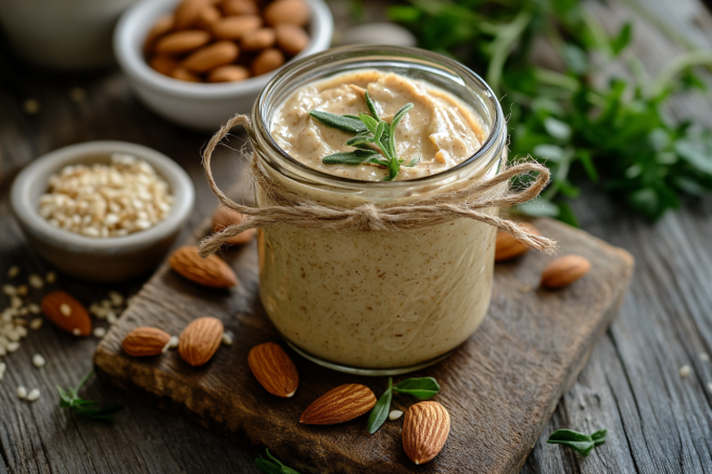 A jar of homemade almond sauce on a wooden cutting board with roasted almonds and fresh herbs.