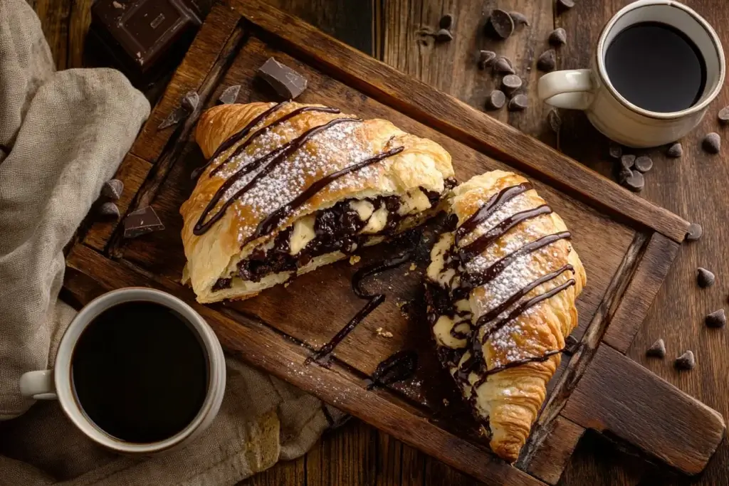 Flaky croissant filled with gooey chocolate chip cookie dough on a rustic wooden tray.