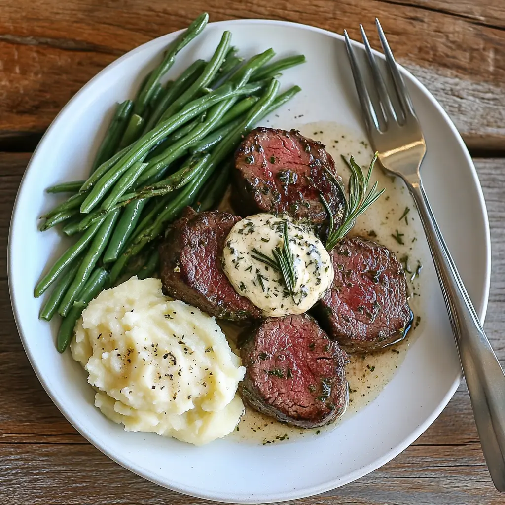 Seared beef tenderloin medallions with herb and garlic butter sauce, creamy Boursin cheese, mashed potatoes, and green beans on a white plate.