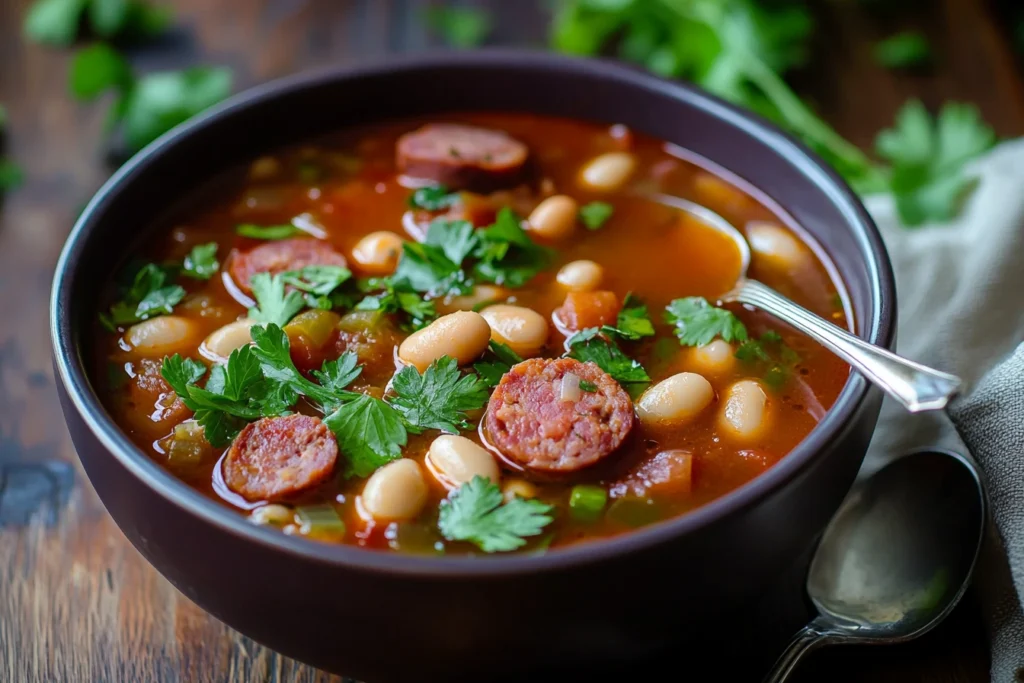 Warm bowl of Southern swamp soup with sausage, beans, and greens on a rustic table.