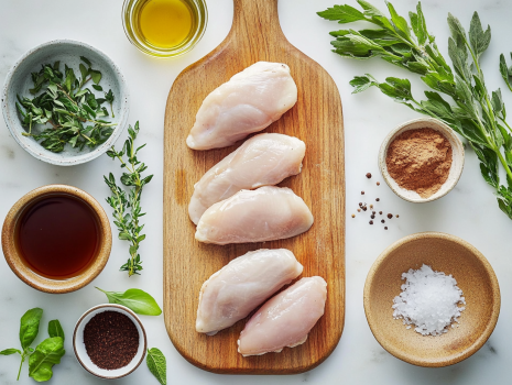 Fresh ingredients for carob-dipped chicken including chicken breasts, carob powder, maple syrup, and coconut oil arranged on a wooden cutting board.