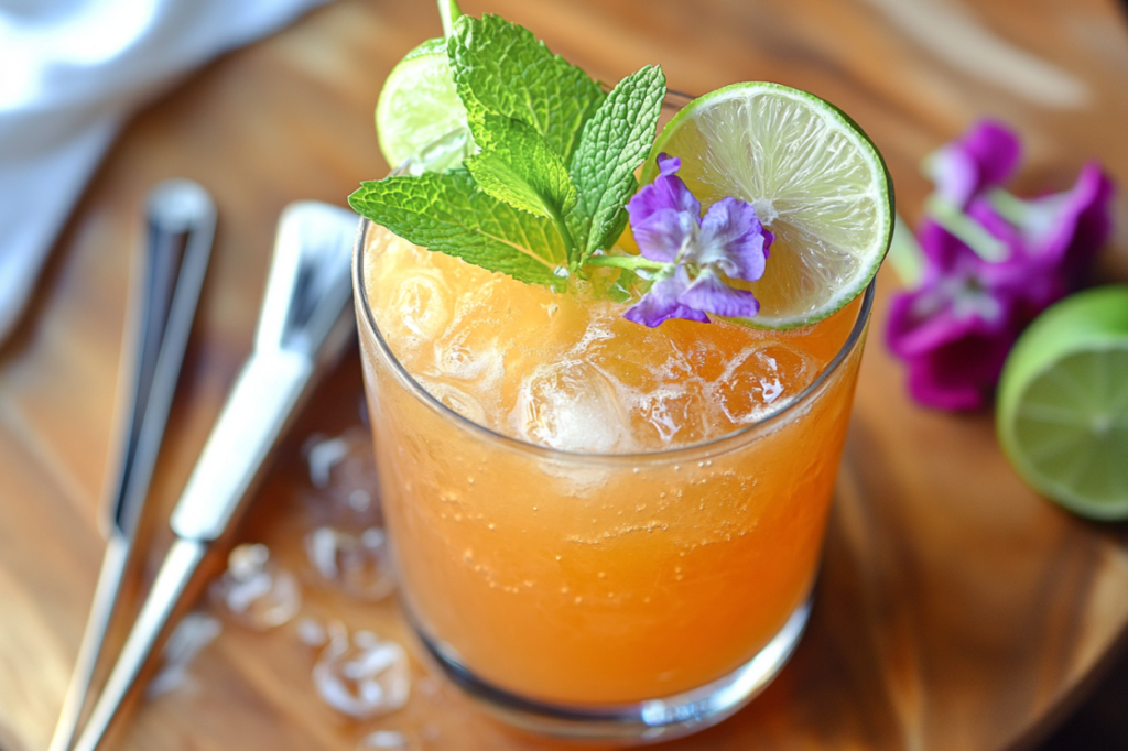 A vibrant Jalbitedrinks liquor cocktail garnished with lime slices, mint, and edible flowers, served in a highball glass on a light wooden counter.