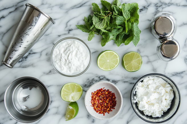 ngredients for Jalbitedrinks liquor recipe, including vodka, cream cheese, lime, mint, simple syrup, and chili flakes, on a marble counter.