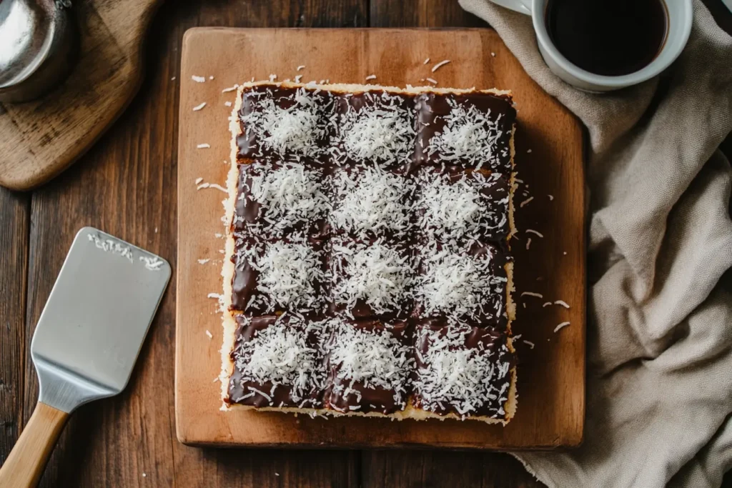 Close-up view of a kefir sheet cake with chocolate glaze and coconut, served on a rustic wooden board.