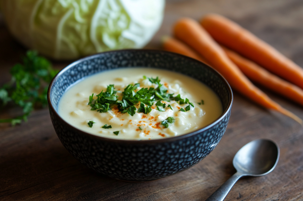 Fresh low-carb coleslaw with creamy dressing garnished with parsley, served in a white bowl on a rustic wooden table.