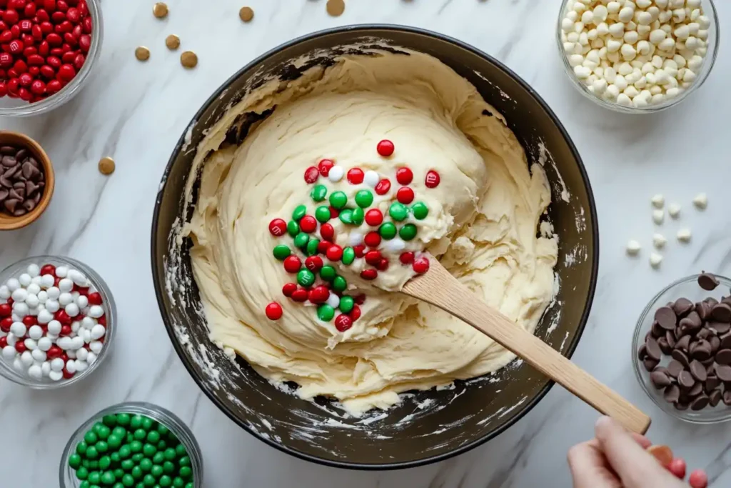 Ingredients for Christmas cookie bars including flour, sugar, melted butter, eggs, vanilla, red and green M&Ms, white chocolate chips, and caramel bits arranged neatly on a rustic table.