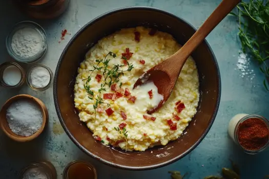 Mixing bowl with cornmeal, buttermilk, and melted bacon grease, surrounded by small containers of ingredients.