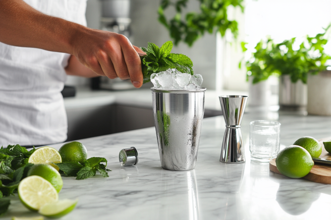 Bartender shaking a cocktail shaker with ice and mint, preparing Jalbitedrinks liquor recipe on a marble counter.