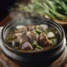 A steaming bowl of pork sinigang surrounded by fresh vegetables, tamarind pods, and a side of steamed rice on a rustic wooden table.