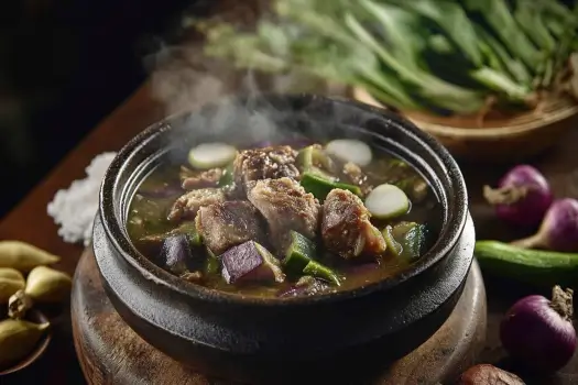 A steaming bowl of pork sinigang surrounded by fresh vegetables, tamarind pods, and a side of steamed rice on a rustic wooden table.