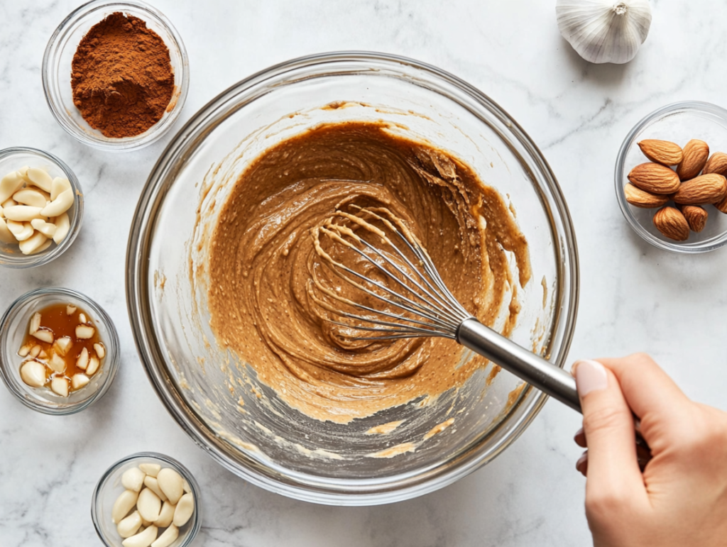 Mixing almond butter with water for almond sauce recipe with added flavor ingredients