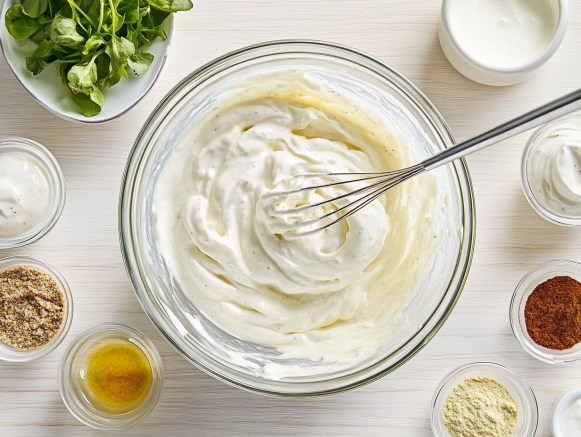 Creamy dressing being whisked in a glass bowl surrounded by fresh ingredients for coleslaw preparation.