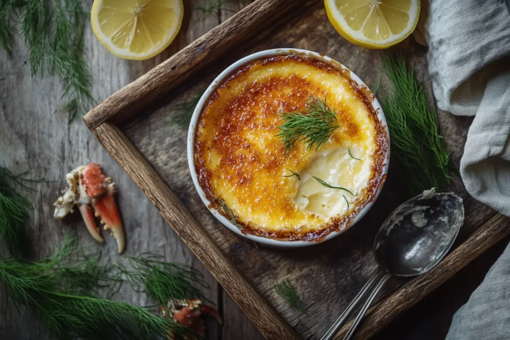 Close-up of a ramekin of Savory Crab Brulee with a caramelized sugar crust, garnished with dill and lemon slices.