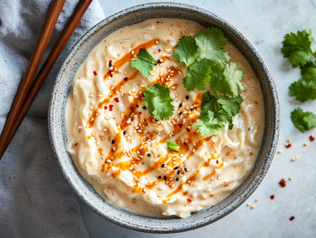 Noodles served with almond sauce, garnished with fresh cilantro and sesame seeds