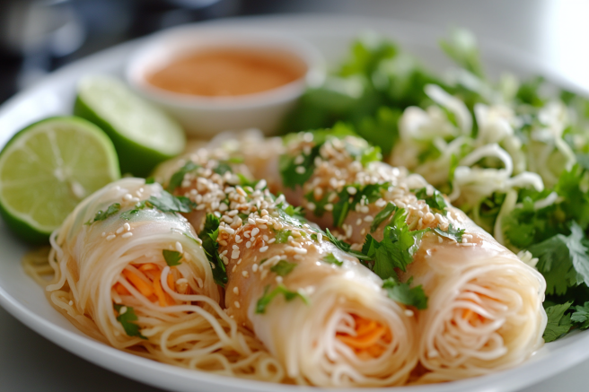 A colorful plate of noodles drizzled with almond sauce, paired with spring rolls and a fresh salad for a complete meal.