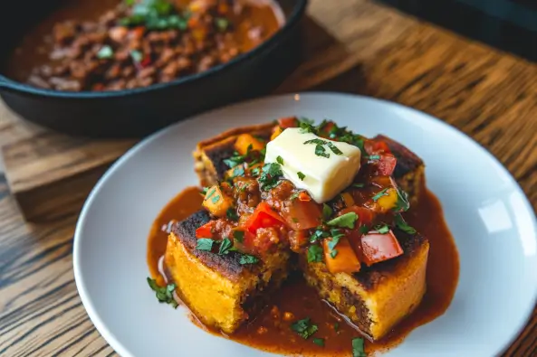 Slices of Southern cornbread on a white plate with melting butter, served with chili in the background.