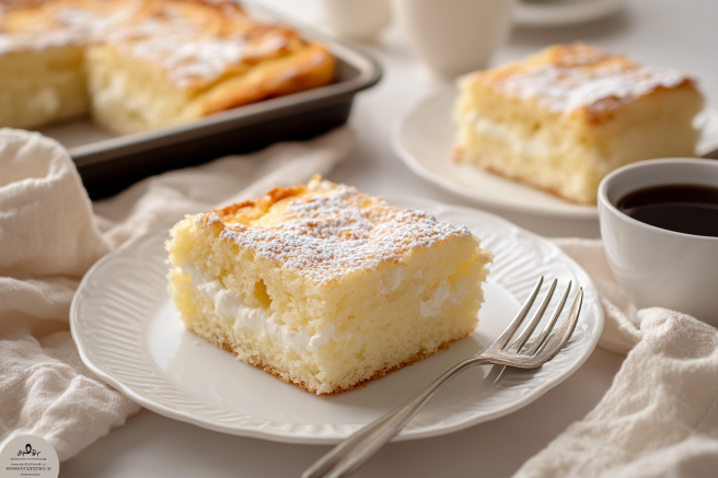 Slices of kefir sheet cake on white plates with coffee cups on a bright kitchen counter.

