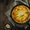 Freshly baked Southern cornbread in a cast iron skillet with a golden crust on a rustic wooden table.